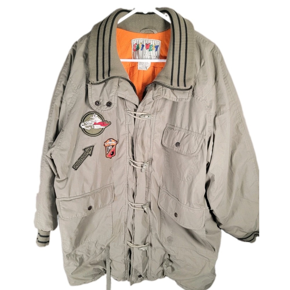 Vintage East West Flight Parka Jacket Mens M Tan Tactical Quilted Orange Flaws